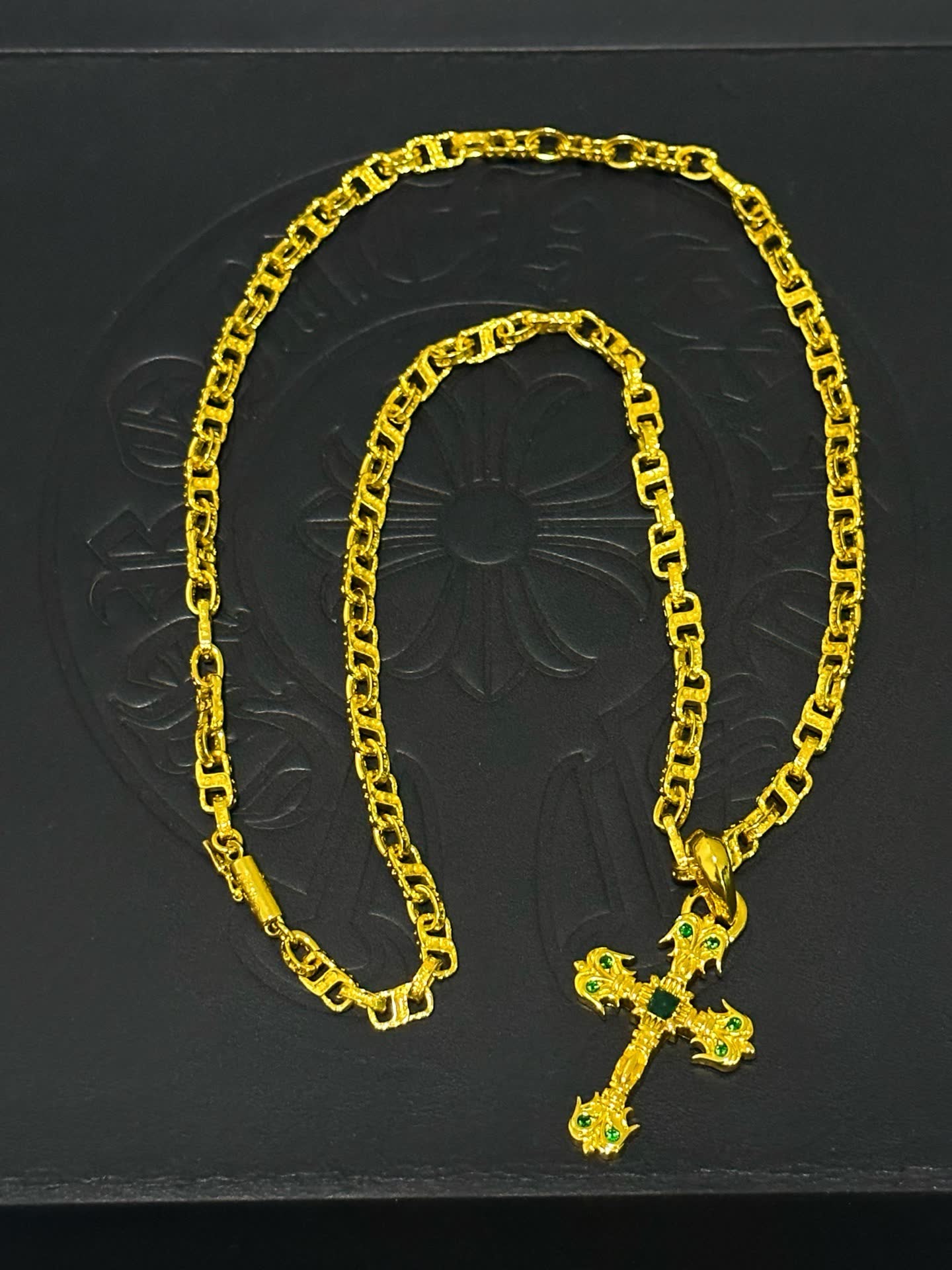 Chrome Hearts Gold-Plated Cross Pendant Necklace with Emerald Accents
